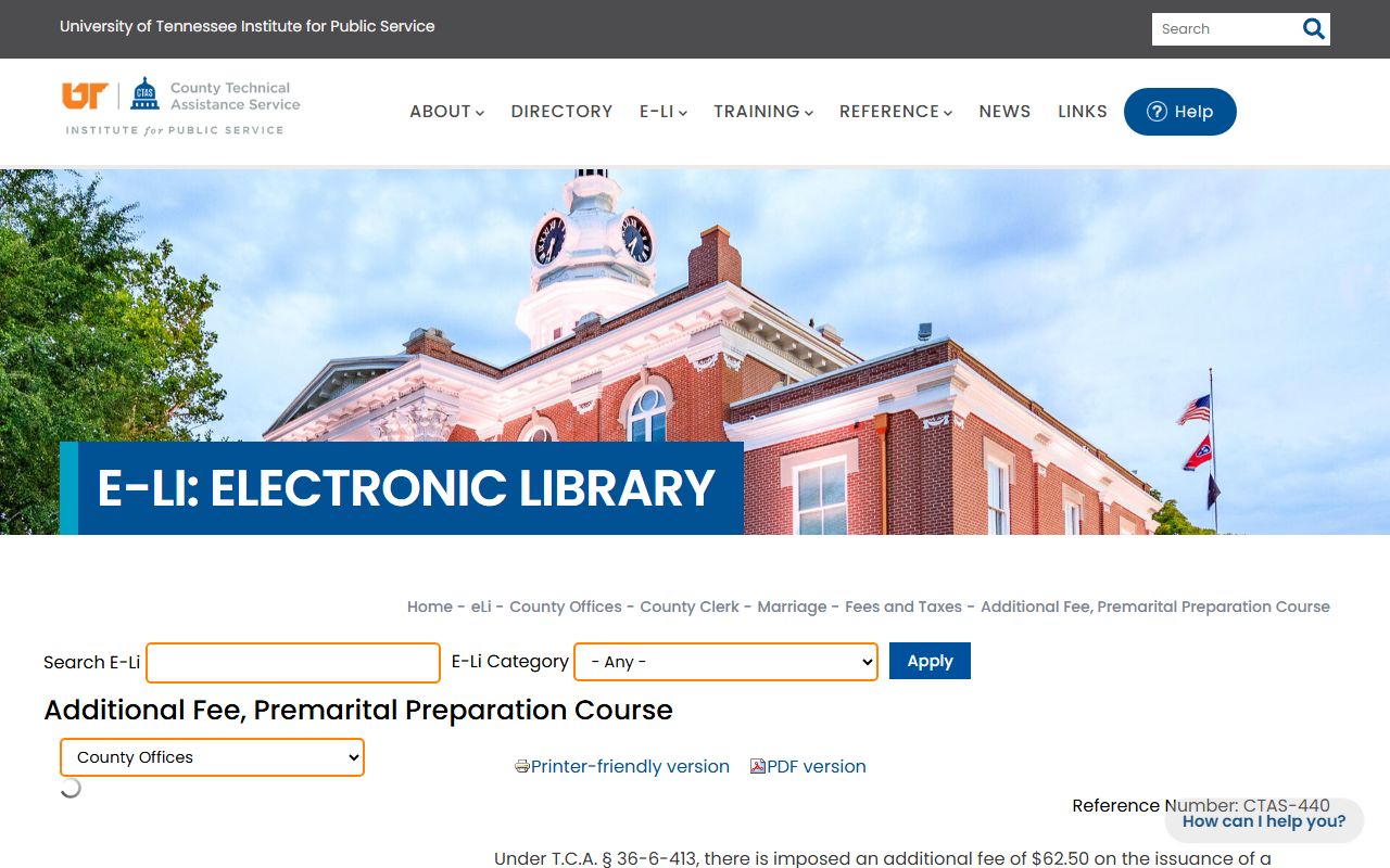Grundy County clerk Tennessee CTAS premarital fee reference