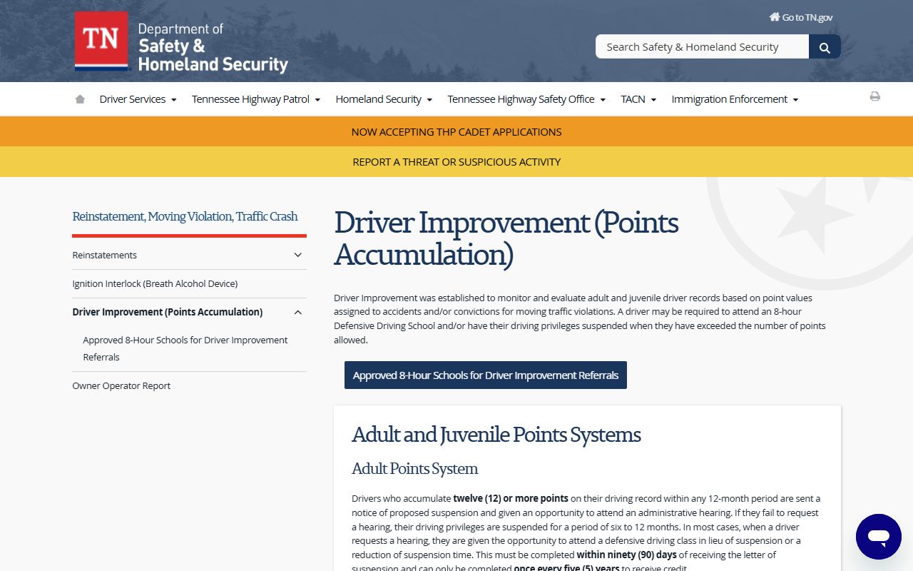 Grundy County traffic court records Tennessee Driver Improvement Program points